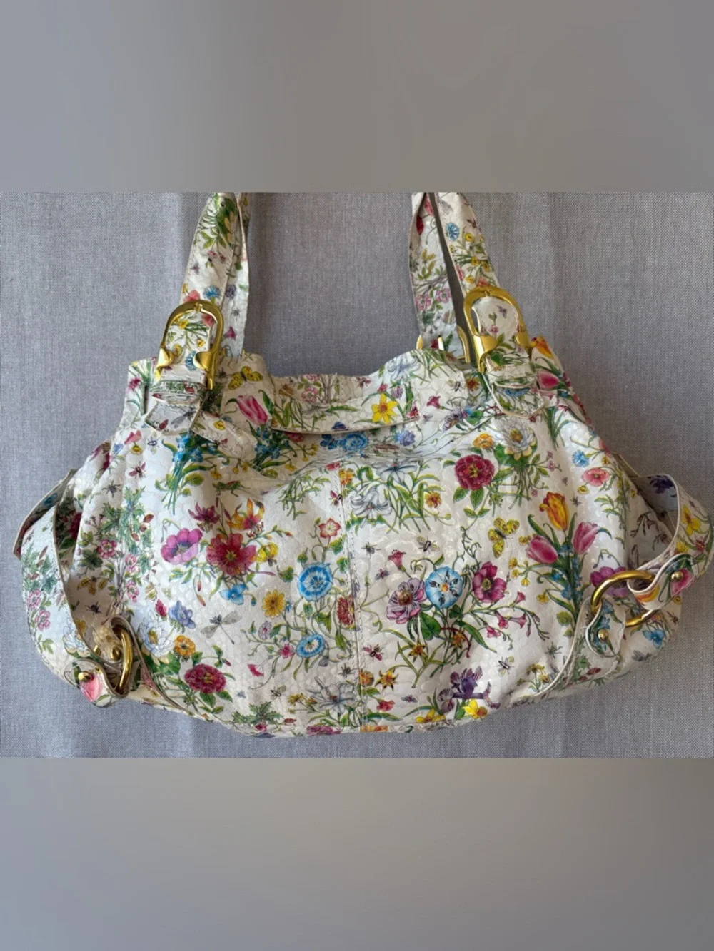 Big Buddha Floral Print Shoulder Bag in White with Multicolor Flowers - Picture 7 of 14